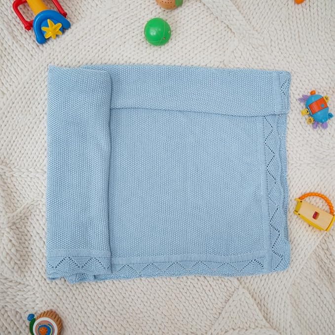 Baby Knit Blanket Soft Breathable Cotton Scallop Border Blankets Newborn Knitted Blanket Swaddle Blankets Gifts for Baby Newborn Toddler Shower Boy Girl New Mom Birthday Christmas Blue 30x30