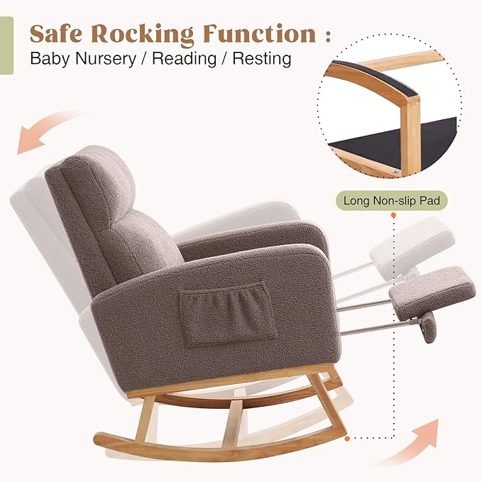 Rocking Chair Nursery with Foot Rest, Nursing Rocking Chairs for Mom Nursery, Teddy Rocker Glider with High Backrest for Living Room, Bedroom, Coffee