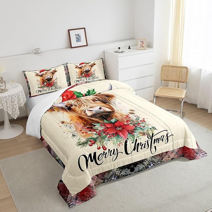Castle Fairy Highland Cattle Comforter Set King Size,Merry Christmas Flowers Pine Trees Bedding Set All Season Quilt Set,Rustic Farmhouse Wooden Grid Plaid Microfiber Polyester Down Comforter