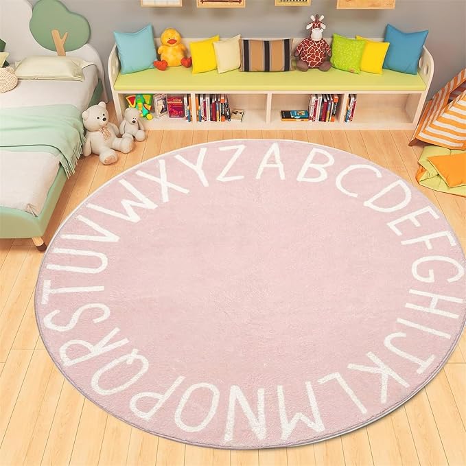 Round ABC Rug-5ft Children Education and Learning Fun Carpet, Alphabet Baby Crawling Mat,Fluffy and Comfortable Plush Floor Cushion Pink Sofa Cushion, for Playroom Classroom Decoration