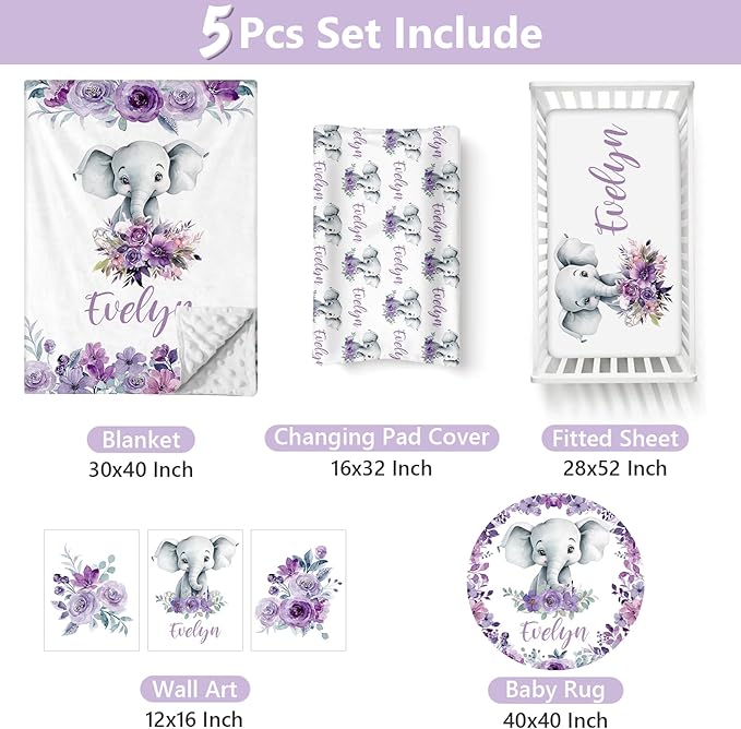 Personalized Baby Crib Bedding Set, 5 Pcs Custom Name Nursery Bedding Set for Girls Boys, Purple Elephant Baby Crib Set for Toddlers Infants, Double Layer Bedding Crib Sets Customized Gifts