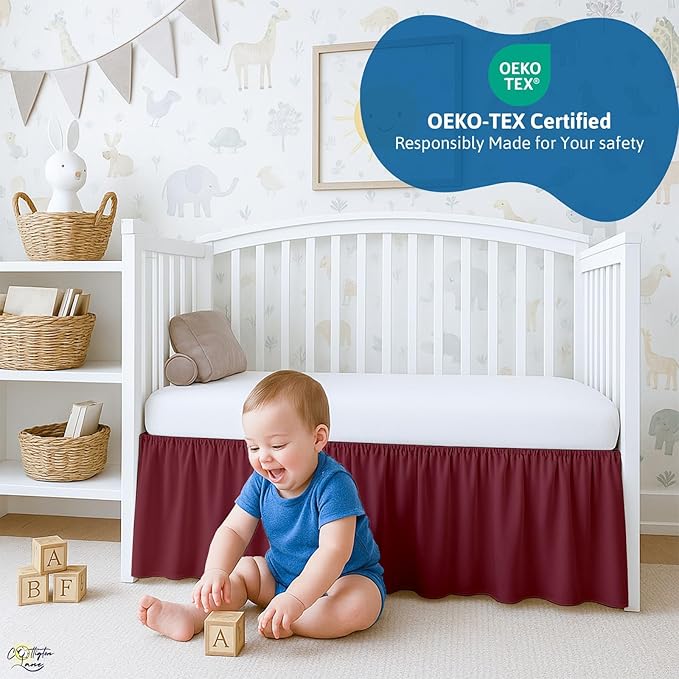 Cottington Lane Burgundy Crib Skirt Dust Ruffle, 100% Natural Cotton, Soft, Durable Nursery Crib Toddler Bedding Skirt for Baby Girls or Boys, Fits Standard Cribs 28" x 52" with 14" Drop