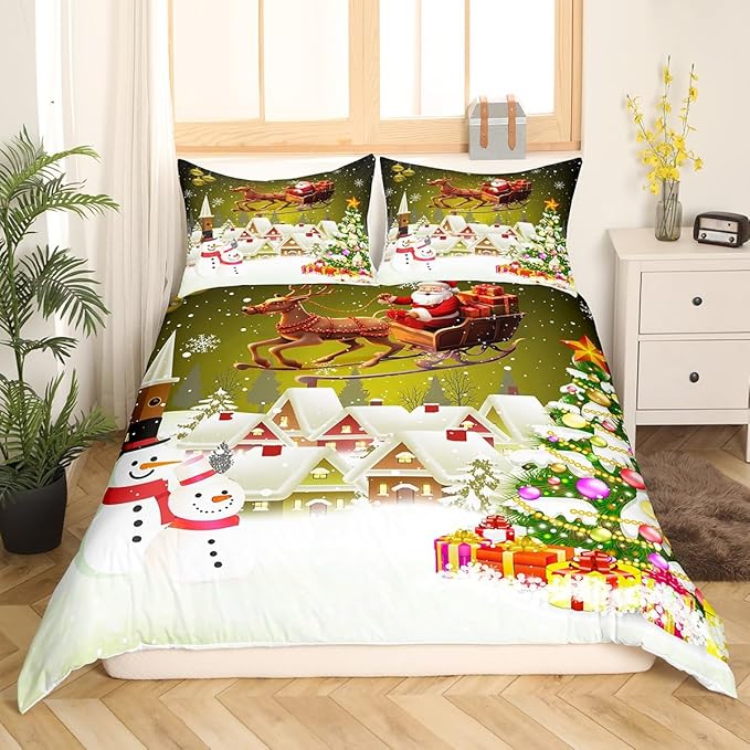 Manfei Christmas Duvet Cover Set Twin Size, Xmas Tree Snowman Comforter Cover with 1 Pillowcase, Santa Claus with Deer Bedding Set for Kids Boys Girls New Year Theme Bedspread Cover, No Comforter