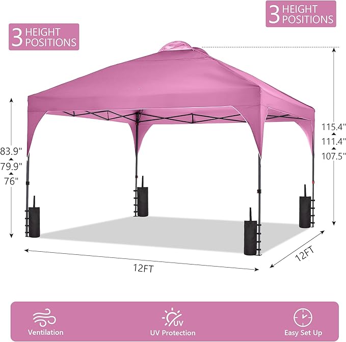 GDY 12X12 Pop Up Canopy Tent, Outdoor Canopy Tent, Commercial Instant Gazebos, Portable Shelter Canopies, for Patio/Outdoor/Wedding Parties and Events, Pink.
