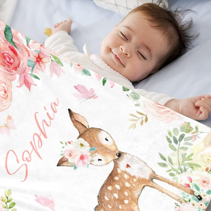 Custom Deer Blanket with Name for Girl, Personalized Name Blanket for Kids, Soft Flannel Deer Toddler Blanket Customized Gift for Birthday Christmas Children Day 40x50inch