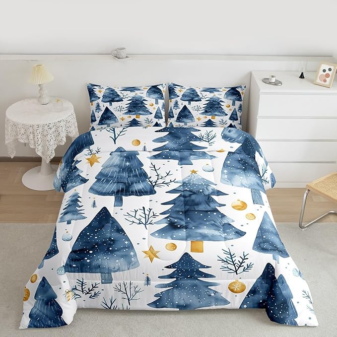Feelyou Christmas Comforter Set All Season Xmas Tree Bedding Set with 2 Pillow Cases Watercolor Blue Microfiber Kids Full Bedclothes Snowflake Bedroom Decor Duvet Quilt Breathable Soft Lightweight