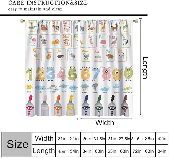 Alphabet Learning Curtain for Kids, Colorful Cartoon Animal Multiplication Table Educational, Classroom Child Printed Rod Pocket Blackout Window Drapes for Bedroom Living Room 63" W X 63" L