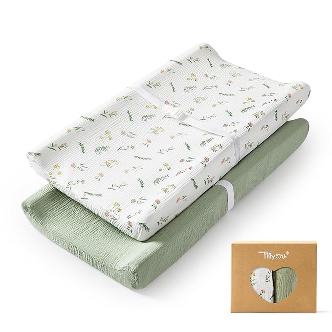 TILLYOU Muslin Changing Pad Cover for Baby Girls Boys, Soft and Breathable Cotton Diaper Changing Table Cover, 2 Pack(Daisy)