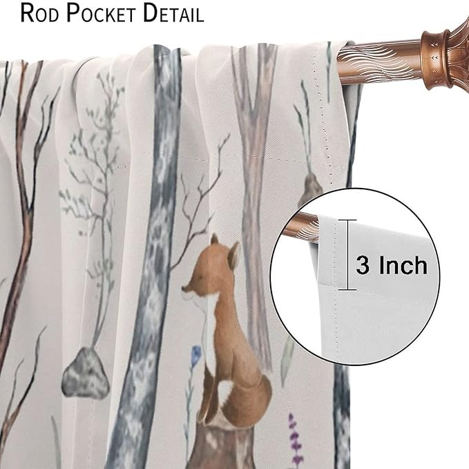 Rustic Forest Window Curtains Curtains, Woodland Animal Bear Deer Hedgehog Fox Squirrel Watercolor Blackout Rod Pocket Treatments Drapes for Boys Girls Bedroom 42x54in