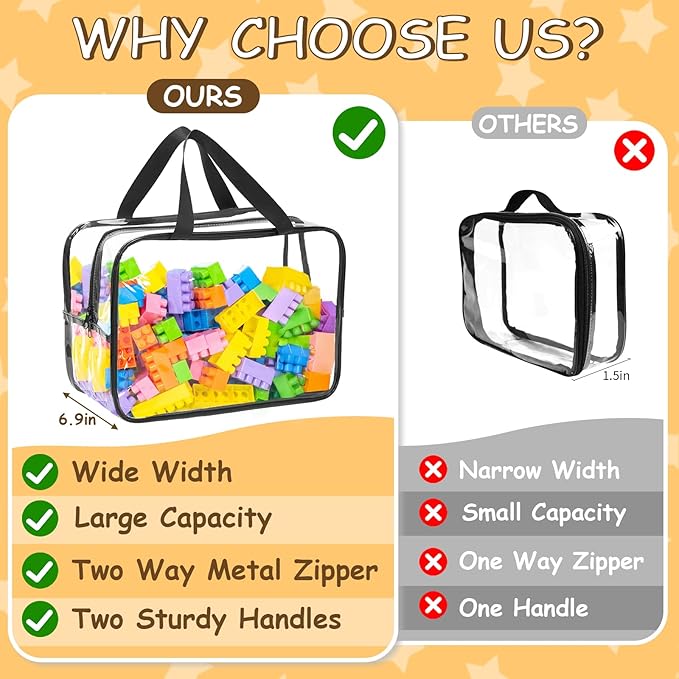 12.6 * 9.25 * 6.9 IN Extra Large Toy Storage Bags, 6 Packs Clear Waterproof Toy Organizer Bags with Labels, Dual Zippers and Portable Handheld Design, Board Game Storage for Building Blocks, Puzzle