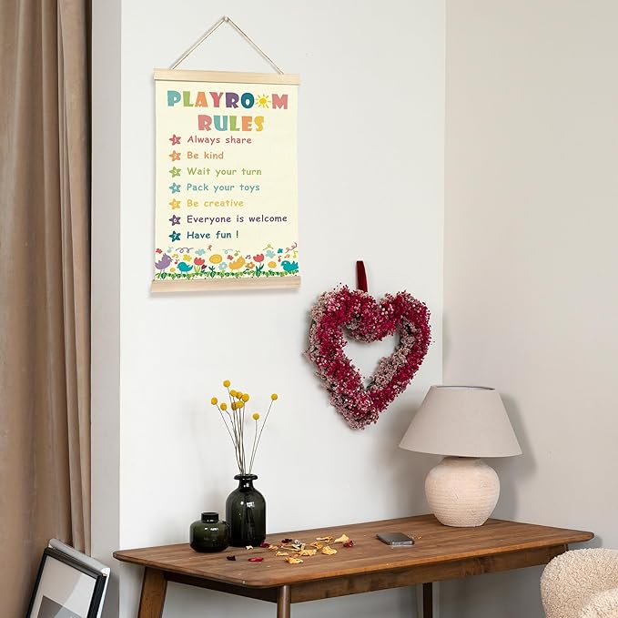 Hiuwevt Boho Playroom Rainbow Poster Hanger Frame, Kids Room Decor, Playroom Rules Colorful Wildflower Wall Art Decor for Toddlers Boys Girls Play Room Nursery Home, 12x16 Inch