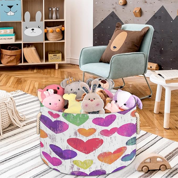 Colorful Hearts Pattern Round Storage Basket for Laundry & Toys, Lightweight Fabric Laundry Hamper with Handles, Foldable Large Organizer Bin for Bedroom Bathroom Nursery Dorm