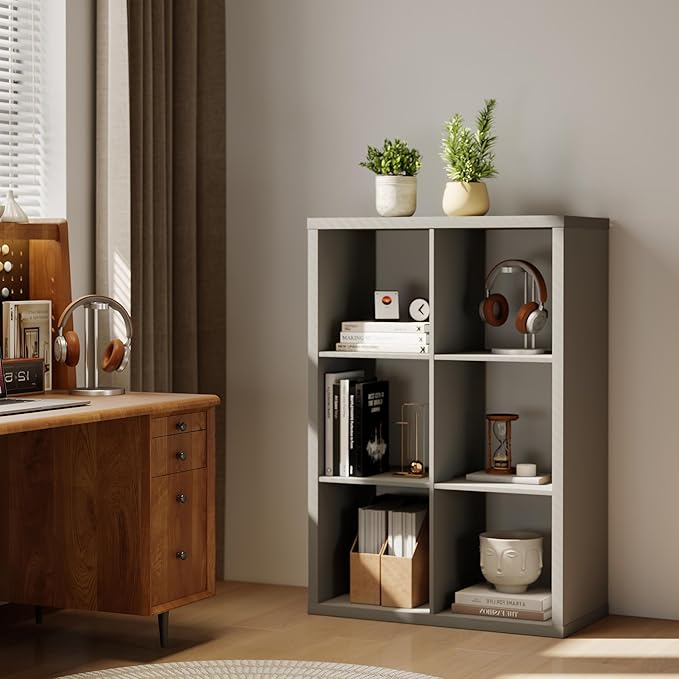 14.6 * 43.8 * 30.7 inches 2x3 Cube Storage Book Shelf, Engineered Wood 6 Cube Closet Organizer with Open Shelves, Wooden Storage Cubes for Bedroom, Bathroom, Office, Light Gray