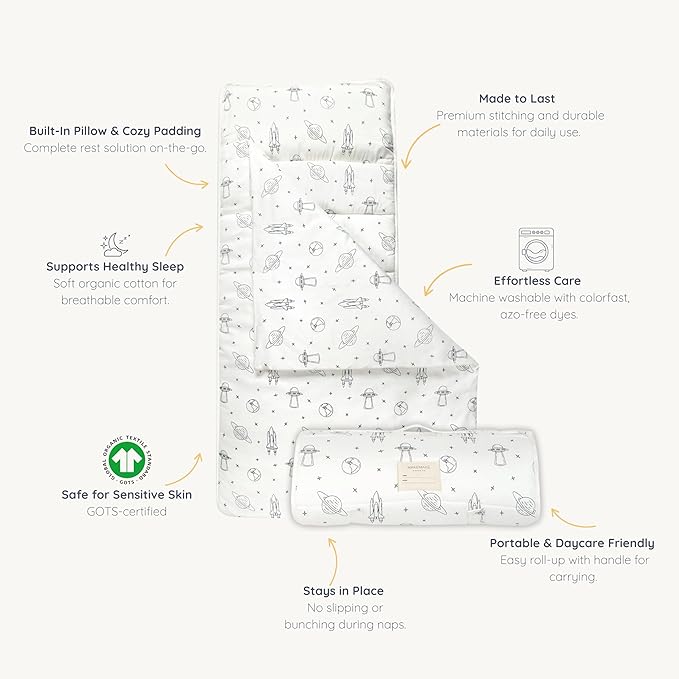 Makemake Organics GOTS Certified Organic Cotton Nap Mat with Detachable Pillow for Kids Soft Sleeping Bag for Toddlers, Boys, Girls - Ideal for Daycare, Preschool, Kindergarten