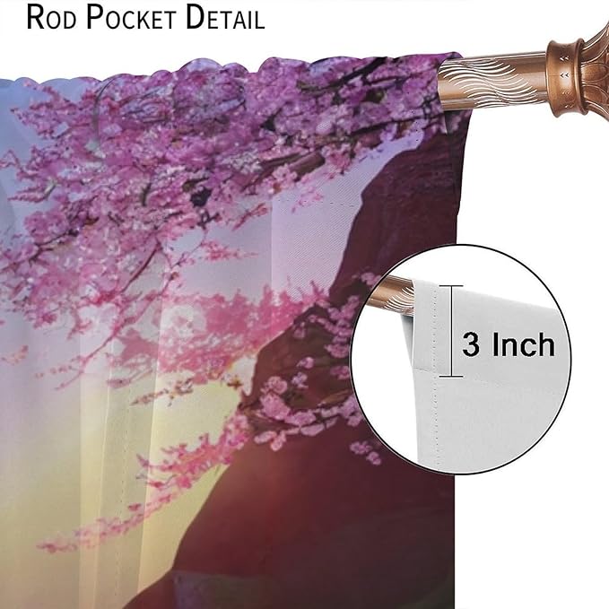 Landscape Waterfall Blackout Curtains, Watercolor Blossom Cherry Flower Forest Pattern Rod Pocket Window Drapes, for Bedroom Living Room 63" W X 72" L