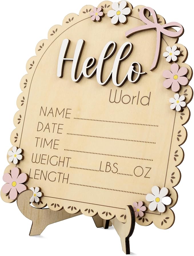 Baby Announcement Sign with Stand & Marker – Hello World Wooden Name Plaque for Newborn Photoshoot, Baby Shower, Rustic Keepsake Birth Stat Sign for Hospital Birth Announcement (Daisy)
