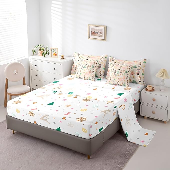 Erosebridal 7Pcs Beige Christmas Comforter Set Twin Size,Princess Nutcracker Bedding Set,Xmas Tree Snow Bed in A Bag for Kids Boys Girls,Starry Sky Christmas Decoration Quilt with Flat Fitted Sheet