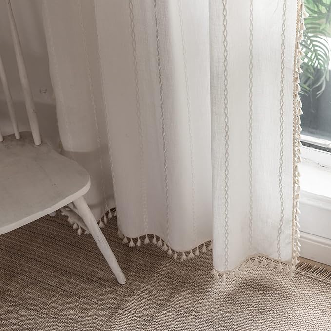 Deeprove White Boho Curtains 63 inches Length for Nursery Bedroom Christmas Decor, Bohemian Embroidery Farmhouse Cream Tassel Cotton Linen French Country Window Treatments, W52 x L63, 1 Panel