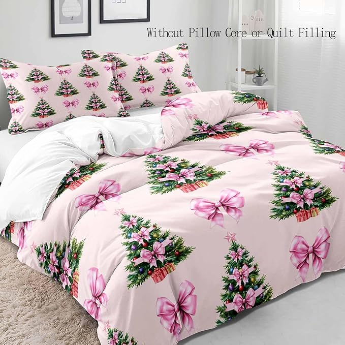 LUVIVIHOME 2PCS Pink Bow Christmas Tree Duvet Cover Twin Bedding Sets, Teen Girl Bedding, Light Pink Duvet Cover, Xmas Tree Winter Holiday Festival Coquette Christmas Comforter Cover, 1 Pillow Case