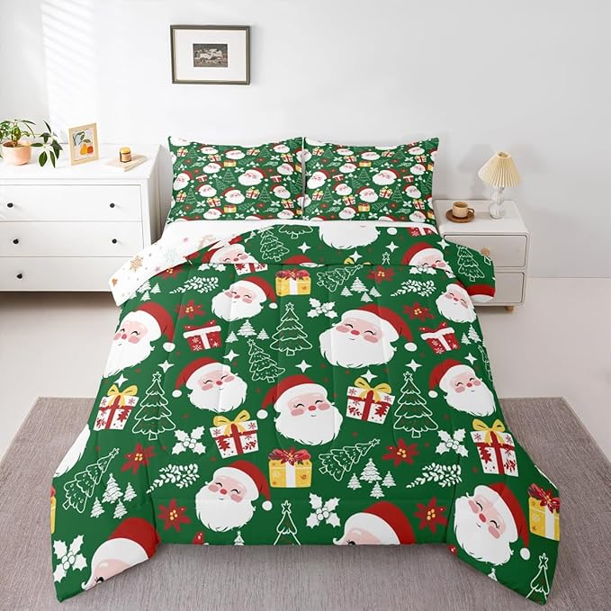 jejeloiu Santa Claus Comforter Set King Size Merry Christmas Bedding Set for Kids Boys Girls Xmas Themed Duvet Quilt Green Bedroom Decor