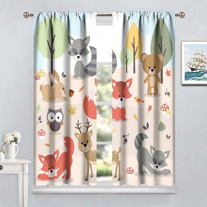 Kids Cartoon Forest Animal Curtains, Cute Woodland Animal Window Treatments for Bedroom Wildlife Fox Bear Deer Bunny Bird Blackout Window Drapes for Girls Boys Nursery Toddler Playroom 63x63in