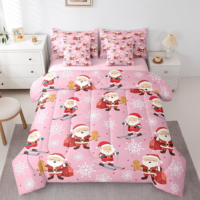 Erosebridal 7Pcs Cute Santa Claus Comforter Set King Size,Xmas Gingerbread Bedding Set for Kids Boys Girls,Christmas Snowboard Snowflake Bed in A Bag,Pink Christmas Quilt with Flat Fitted Sheet