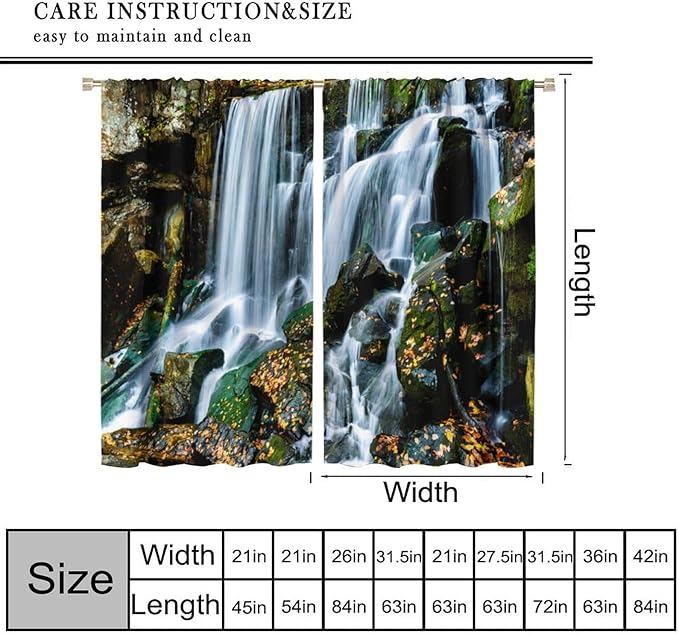 Waterfall Blackout Window Curtains, Forest Nature Landscape Theme Pattern Print Window Drapes, for Living Room Bedroom 52" W X 84" L