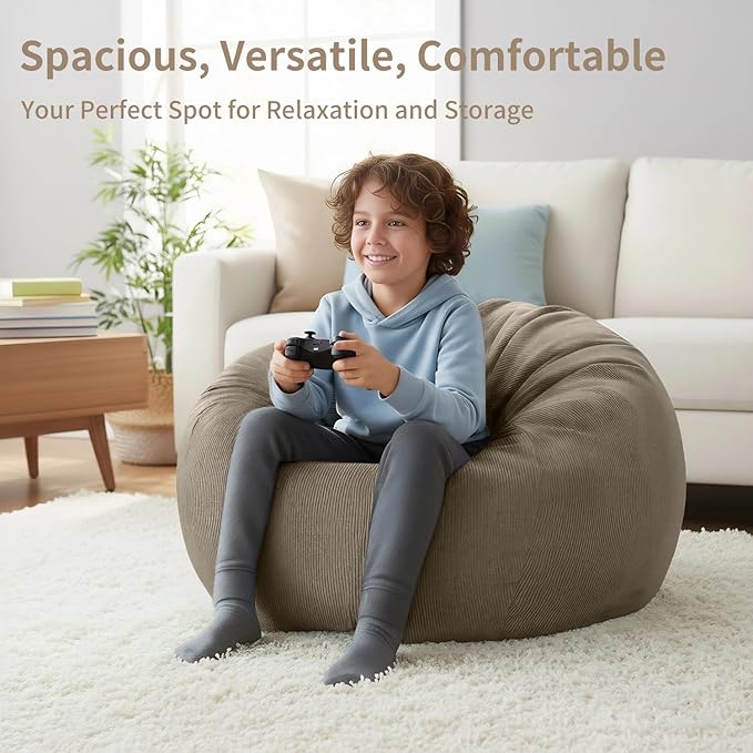 Nobildonna 3 ft Bean Bag Chair Cover (No Filler) 35"×43" Large Stuffed Animal Storage Bean Bag Washable Big Beanbag Chair Cover Premium Corduroy Bean Bag Cover for Adults,Kids,Light Brown 300L