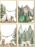 Woodland Adventure Nursery Canvas Wall Art Set of 4 Camping Animal Prints BearFox Rabbit Hiking PostersForest Mountain Themed Kids Room PictureNature Exploration Wall Decor Frameless 16x24In ﻿
