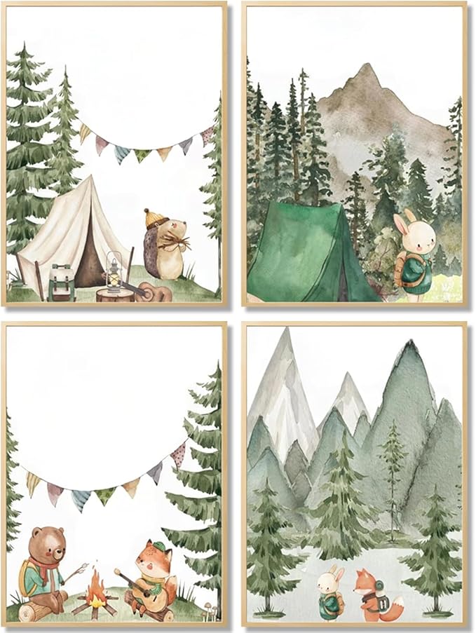 Kousne Woodland Adventure Nursery Canvas Wall Art Set of 4 Camping Animal Prints BearFox Rabbit Hiking PostersForest Mountain Themed Kids Room PictureNature Exploration Wall Decor Frameless 12x16In ﻿