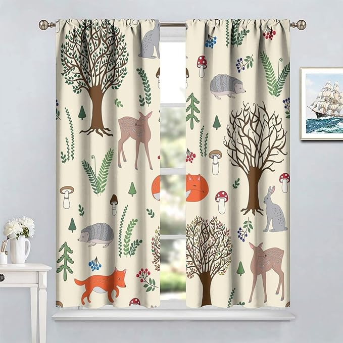 Kids Forest Animal Curtains, Rustic Cute Wild Animal Fox Deer Hedgehog Window Treatments Farmhouse Woodland Window Drapes for Girls Boys Nursery Toddler Bedroom 63x72in