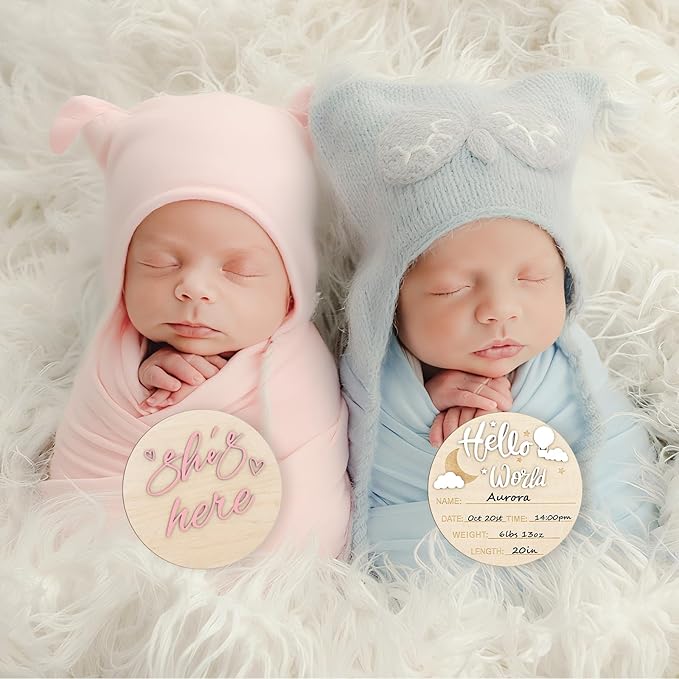 2PCS Hello World Newborn Sign and she's here, Gender Reveal Welcome baby Announcement Sign Board Wooden Birth Name Announcement Plaque and Pen for Baby Shower Photo Props Hospital Nursery