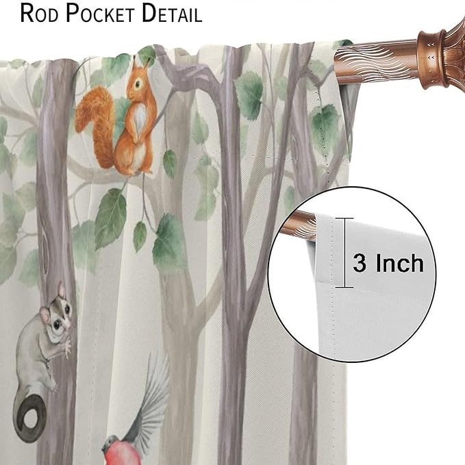 Woodland Animal Curtains, Cartoon Wild Rustic Forest Animals Pattern Blackout Window Treatments, Rod Pocket Thermal Insulated Drapes 2 Panel Sets for Kids Bedroom Nursery Classroom, 55" W X 63" L