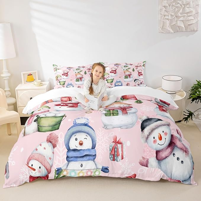 Manfei Christmas Duvet Cover Set King Size, Cute Snowman Dogs Snowflake Comforter Cover with 2 Pillowcases, New Year Pink Bedding Set 3pcs for Kids Boys Girls Lightweight Bedspread Cover,No Comforter