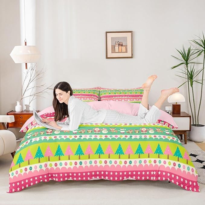 Christmas Bedding Set Cute Fox Santa Claus Polar Bear Comforter Cover for Kids Boys Girls Teens Christmas Tree Duvet Cover Breathable Pink Dots Stripe Bedspread Cover Room Decor Quilt Cover King Size
