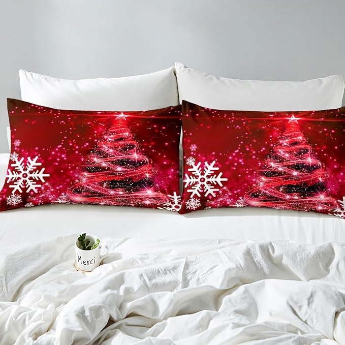 Manfei Red Xmas Tree Duvet Cover Set Full Size, White Snowflake Print Bedding Set 3pcs for Kids Boys Girls Bedroom Decor, Christmas Theme Comforter Cover with 2 Pillowcases,No Comforter