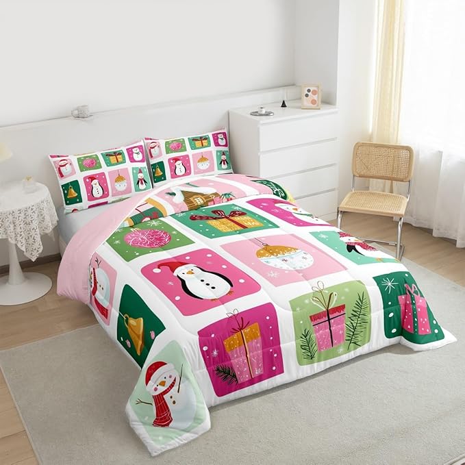 Feelyou Happy New Year Bedding Set Soft for Boys Girls, Christmas Decor Comforter Set Full Size Merry Christmas Duvet Quilt Microfiber Winter Penguin Bedroom Decor 3 Pcs with 2 Pillow Cases