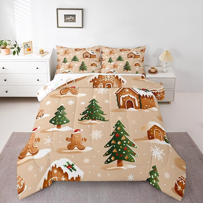 Feelyou Christmas Bedding Set Soft for Boys Girls, Gingerbread Man Comforter Set Twin Size Snowflake Duvet Quilt Microfiber Xmas Tree Bedroom Decor 2 Pcs with 1 Pillow Cases
