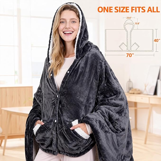 Heated Blanket Wearable Electric Throw, Heated Robe Poncho Blanket Hoodie for Adult, Electric Heated Wrap Poncho Shawl with Pockets, 10 Heating Levels & 8 Hours Time Settings, 40'' X 70''