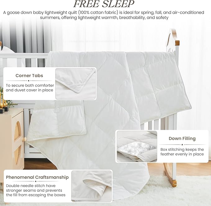 Toddler Goose Down Comforter Lightweight Summer Cooling Baby Duvet Insert, Hypoallergenic 100% Organic Cotton Crib Quilted Washable Nursery Blanket with Corner Tabs, White 41x48 Inches