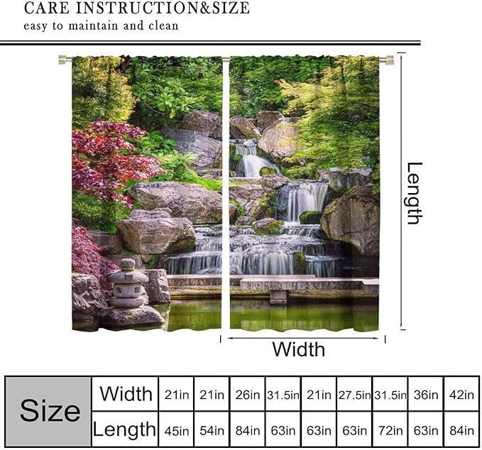 View Waterfall Blackout Curtains, Forest Waterfall Retro Style Natural Scenery Garden Art Landscape Rod Pocket Window Drapes, for Living Room Bedroom 42" W X 63" L