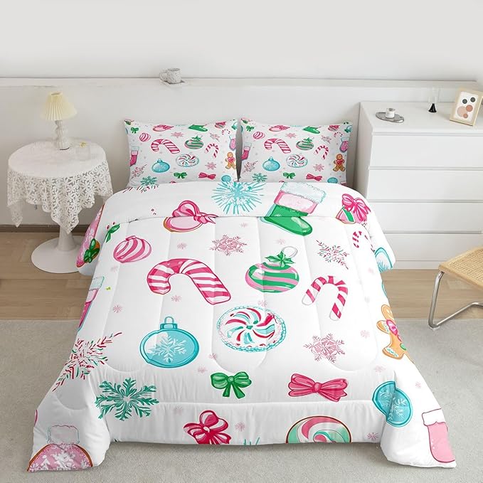 Feelyou Candy Cane Comforter Set King Size Christmas Ornament Bedding Set for Kids Boys Girls Snowflake Duvet Quilt Festive Bow Bedroom Decor Christmas Stocking Microfiber 3 Pcs with 2 Pillow Cases
