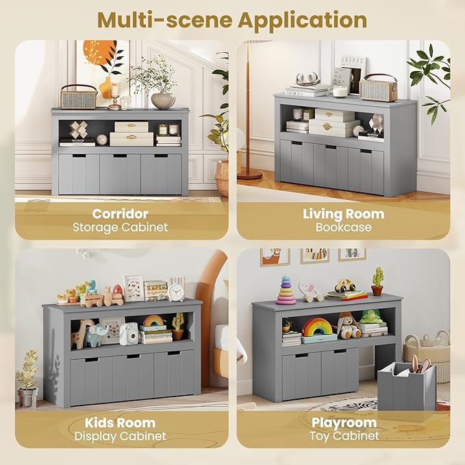 Costzon Toy Storage Cabinet, Toy Chest w/ 3 Removable Drawers, Wheels & Spacious Tabletop, Toddler Storage Organizer for Kids Room, Playroom & Nursery (Grey, 13" D x 40" W x 24.5" H (3 Drawers))