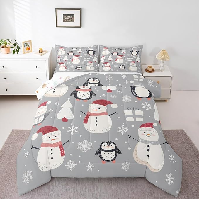 Feelyou Christmas Comforter Set King Size Snowman Snowflake Bedding Set for Kids Boys Girls Penguin Duvet Quilt New Year Gift Bedroom Decor Microfiber 3 Pcs with 2 Pillow Cases