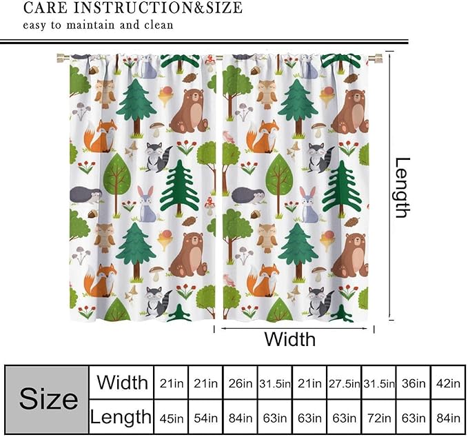 Jungle Animal Curtains, Woodland Animals Forest Pattern Blackout Window Treatments, Rod Pocket Thermal Insulated Drapes 2 Panel Sets for Kids Room Nursery Classroom, 42" W X 45" L