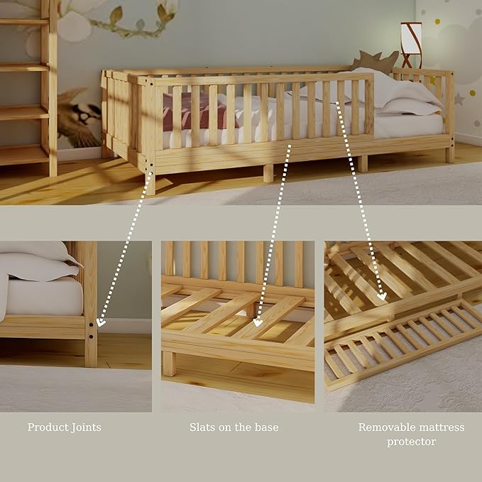 Montessori Floor Bed Designed with Open Front for Girls and Boys | Pine Wood Natural Solid Frame Beds Footed Model with Slats | Sturdy Designed Floor Bed Frame for Kids (Twin, Height : 23 Inches)
