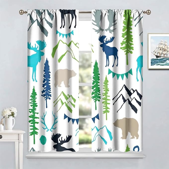 Forest Woodland Curtains, Wild Nature Bear Moose Deer Pine Trees Mountain Cabin Lodge Blackout Rod Pocket Windows Door Curtain for Bedroom Living Room Home Decor 63x63in