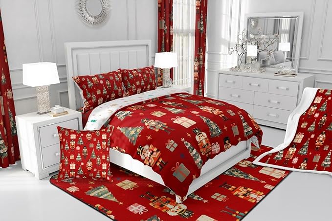 jejeloiu Xmas Nutcracker Comforter Set Full Size Christmas Red Bedding Set for Kids Boys Girls Cute Snowflakes Duvet Quilt Bedroom Decor