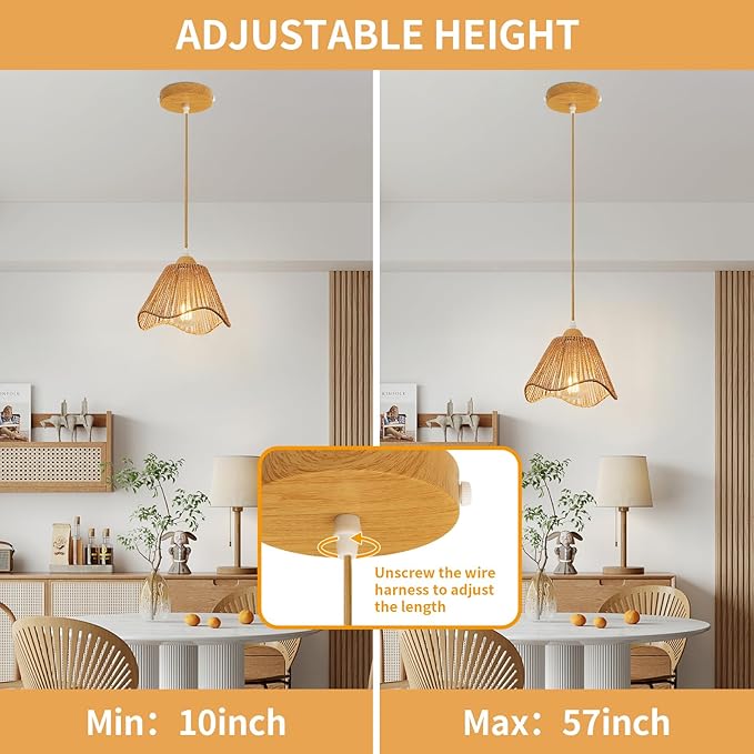 3 Pack Wave Rattan Chandelier Pendant Lights Kitchen Island,Farmhouse Boho Chandeliers Adjustable Height Hanging lamp for Dining Room,Kitchen Ceiling Light Fixtures Hand Woven Wicker Lampshade