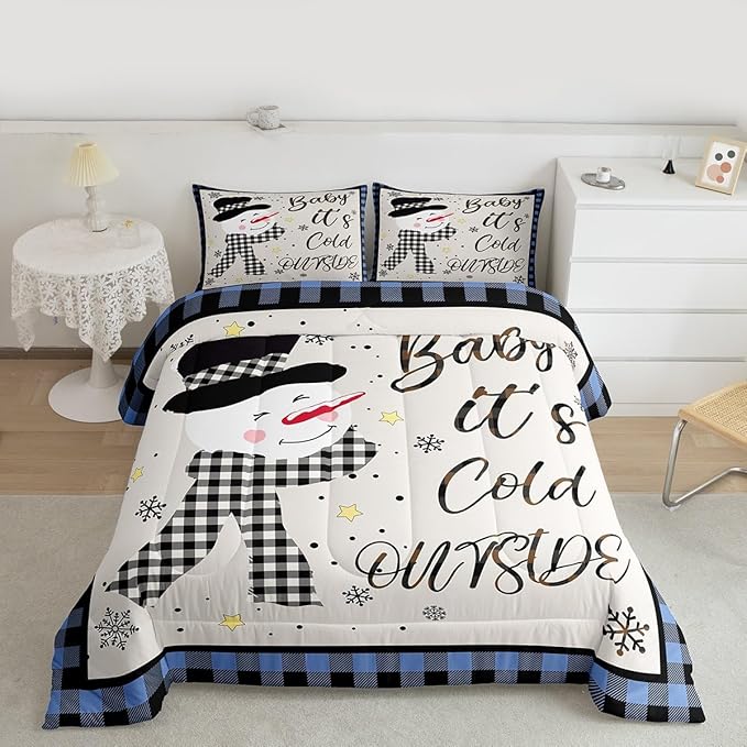 Christmas Snowman Kids Comforter Set King Size,Snowflake Christmas Holiday Bedding Set,Girls Boys Adults Xmas Decor,Geometric Grids Lattices Down Comforter,Blue Rustic Duvet Insert,2 Pillowcases